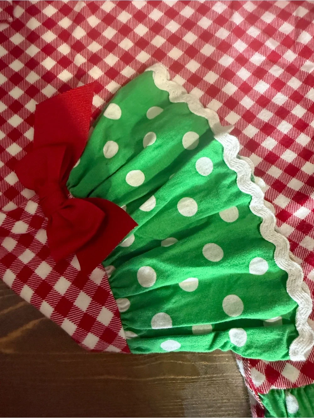 Kids Red Gingham romper with Green Polka Dot Ruffle ricrac and ruffles size 12 M